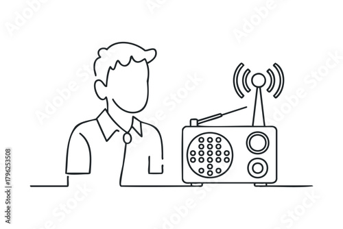 Man with old radio receiving signal