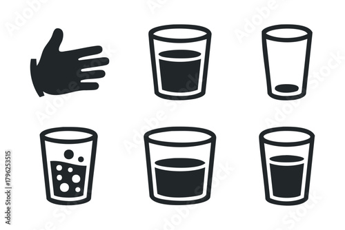 Hand gesture and various filled and empty glasses