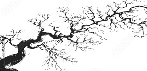 Tree branch silhouette sketch, hand drawn style with intricate bare twigs — stock vector