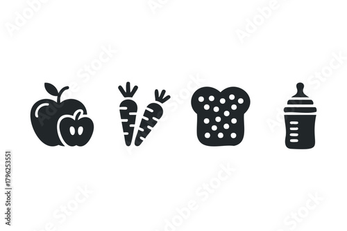 Four baby food icons showing apple, carrots, bread, and bottle