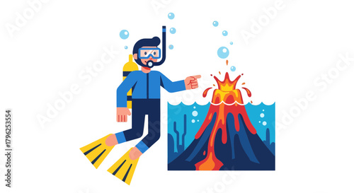 Diver Shows Eruption Of Underwater Volcano In Distinctive Cartoon Illustration Style
