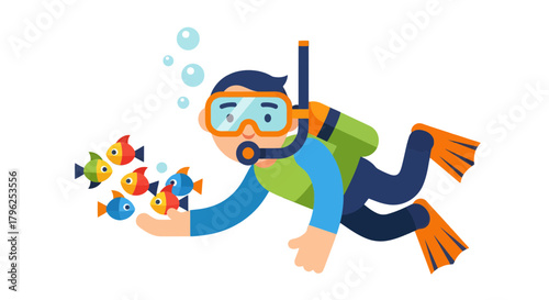 Diver Interacting With Colorful Fish Underwater, Swimming In The Deep Blue Sea For Fun