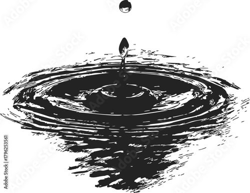 Water drop sketch, hand drawn ripple effect with splash and concentric circles — stock vector