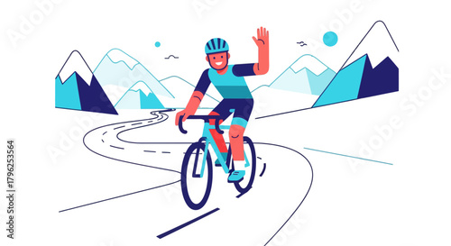 Cyclist Waving on Mountain Road Silhouette with Black Background and Graphic Style