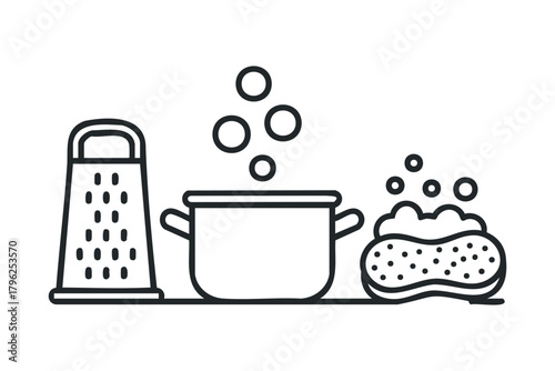 Line art cooking pot with steam and grater and sponge