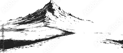 Mountain peak sketch, hand drawn black and white landscape with rugged slopes — stock vector