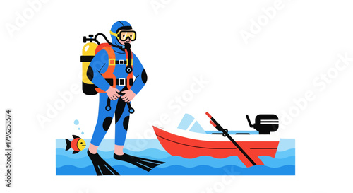 Diver Prepares For Underwater Adventure Near A Boat With Oceanic Aquatic Fish Companion