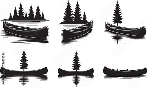 Canoe and forest elements on lake in vintage style for camping adventures
