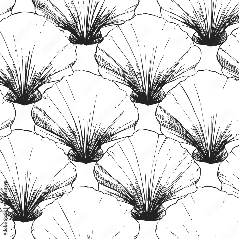 Obraz premium Seashell seamless pattern sketch, hand drawn scallop shells repeating background — stock vector