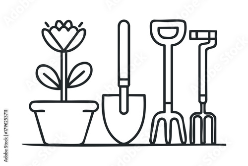 Potted plant with gardening tools line drawing