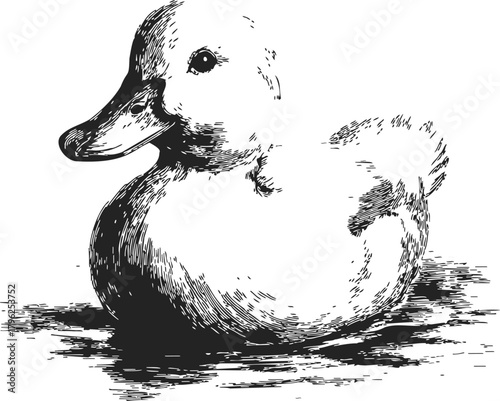 Duckling sketch hand drawn style sitting on water with detailed shading — stock vector