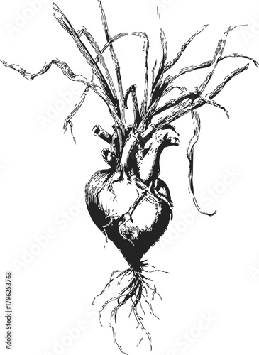 Human heart sketch, hand drawn anatomical heart with plant roots and branches — stock vector