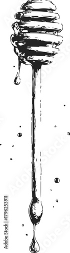 Honey dipper sketch hand drawn with dripping honey and splashes — stock vector
