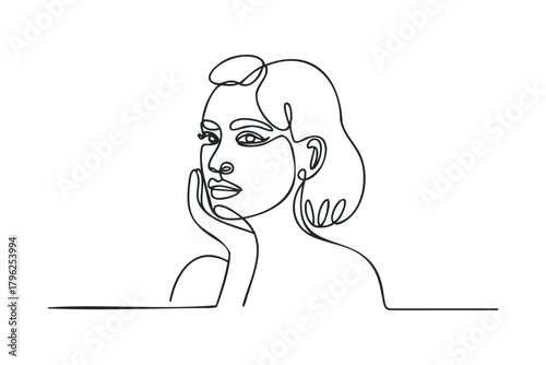 One line drawing of a woman's face with hand on cheek