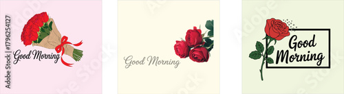 Good morning wish concept bouquet of roses with red ribbon and wrapping paper