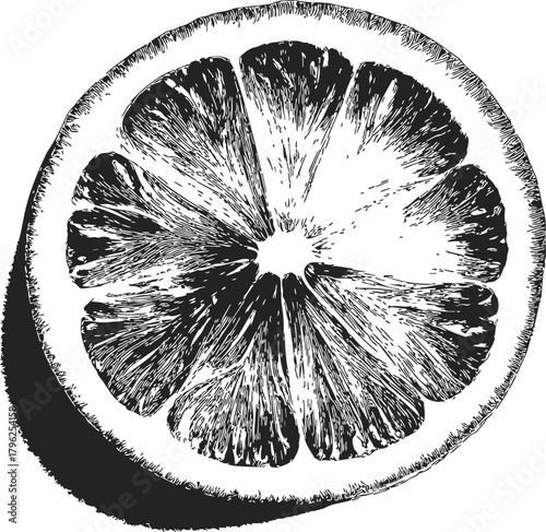 Citrus fruit slice sketch, hand drawn style, detailed cross section illustration — stock vector