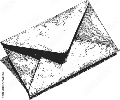 Envelope sketch hand drawn vintage style with open flap and textured shading — stock vector