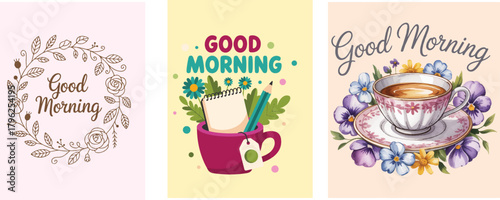 Good morning floral wreath with roses and leaves on light pink background vector