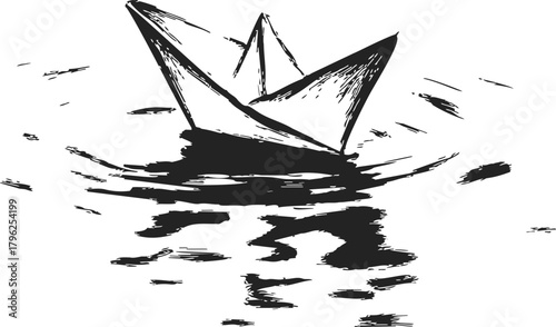 Paper boat, hand drawn sketch with ink strokes, floating on water — stock vector