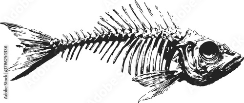 Fish skeleton sketch, hand drawn vector illustration of detailed bony fish bones — stock vector