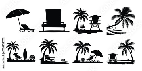 Collection of black silhouette beach scenes with palm trees lounge chairs umbrellas and lifeguard towers