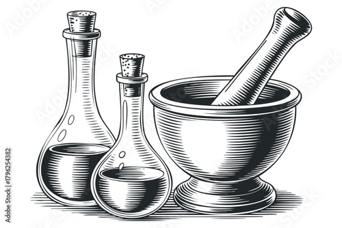 Laboratory glassware and mortar with pestle