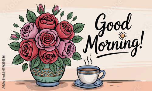 Good morning greeting card with coffee cup and rose bouquet in vase illustration
