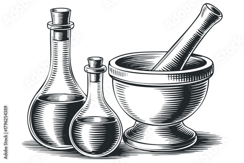 Laboratory glassware and mortar with pestle