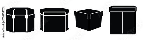 Collection of black rectangular and cylindrical boxes for packaging or storage