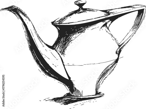 Vintage teapot sketch hand drawn classic porcelain with ornate spout and handle — stock vector