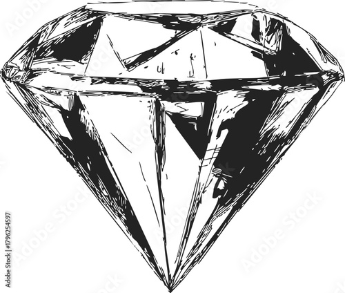 Diamond sketch hand drawn gemstone with detailed facets and rough shading — stock vector
