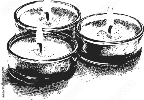 Tealight candles sketch hand drawn style, three round unscented candles grouped together — stock vector