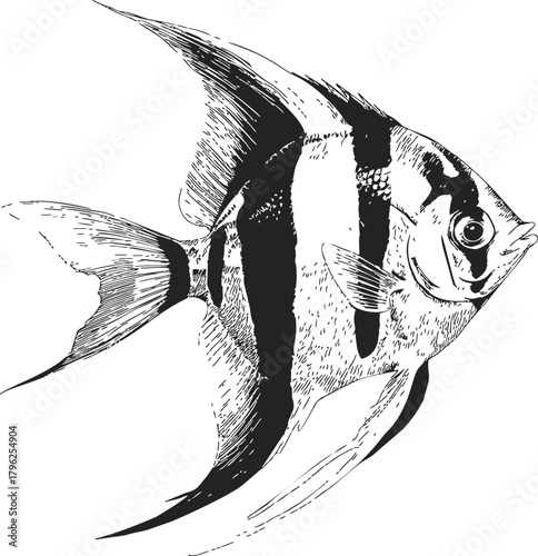 Angelfish sketch hand drawn with detailed fins and bold stripes — stock vector