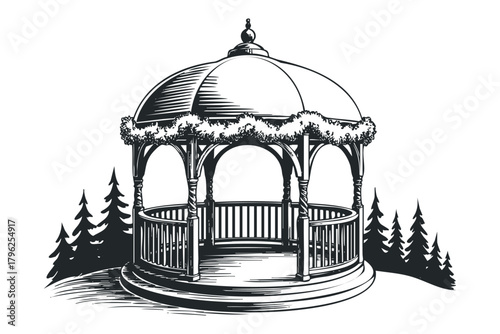 Decorative wooden gazebo with ornate roof and surrounding trees