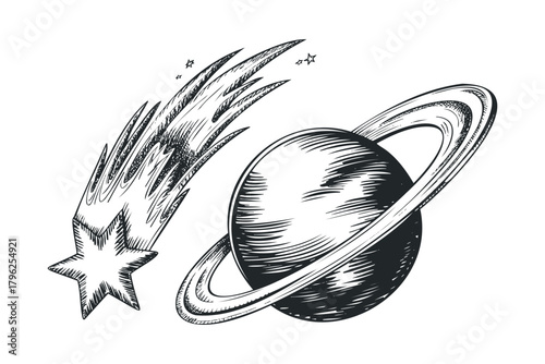 Cosmic scene with planet and comet sketch
