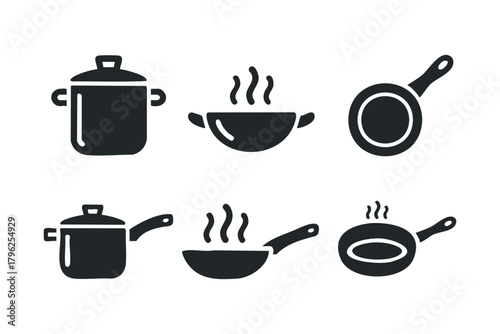 Set of six cooking pot and pan silhouette icons