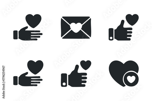 Set of six graphic icons representing love and gratitude