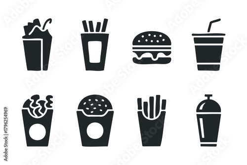 Fast food meal icons including burger, fries, and drinks