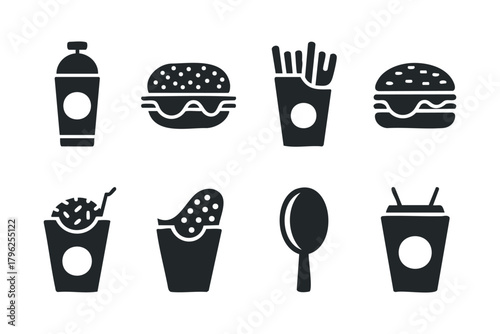 Set of fast food icons including burgers, drinks, and chicken