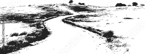 Winding road sketch, hand drawn rural landscape with hills and scattered trees — stock vector