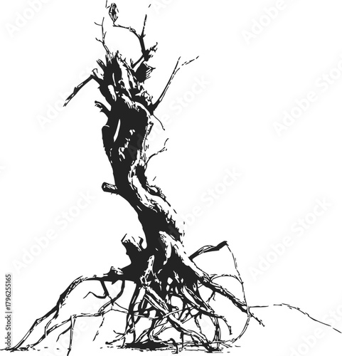Tree roots sketch, hand drawn style, exposed roots and bare trunk — stock vector