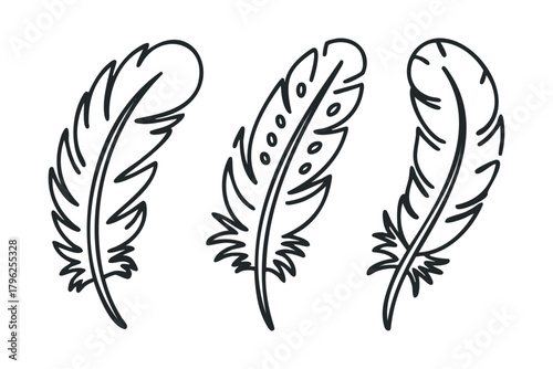 Three simple line drawings of feathers
