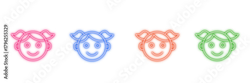 Neon glowing girl face vector icons set, children, kids, female, avatar, profile, happy, smiling, vivid, vibrant, colorful, digital design.