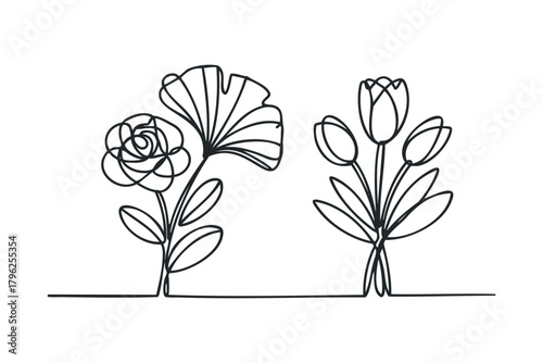 Simple Black Line Drawing of Two Flower Stems
