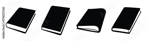 Four black hardcover books arranged in a row showing pages