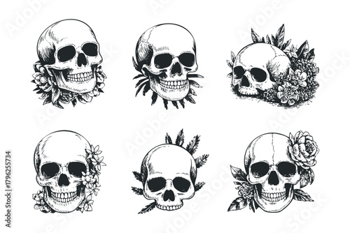 Six human skulls adorned with floral elements