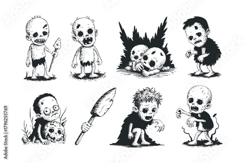 Collection of hand-drawn cartoon zombies with rough textures