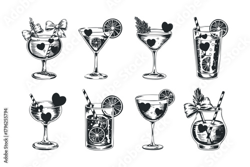 Assortment of festive drinks with heart and citrus garnishes