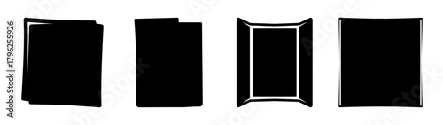 Four abstract geometric shapes including black squares and an outlined rectangle a minimalistic composition