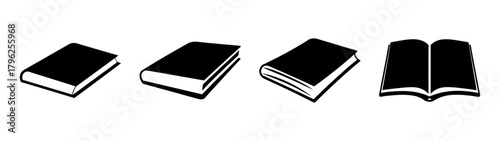 Collection of four books in various poses isolated objects for design and education